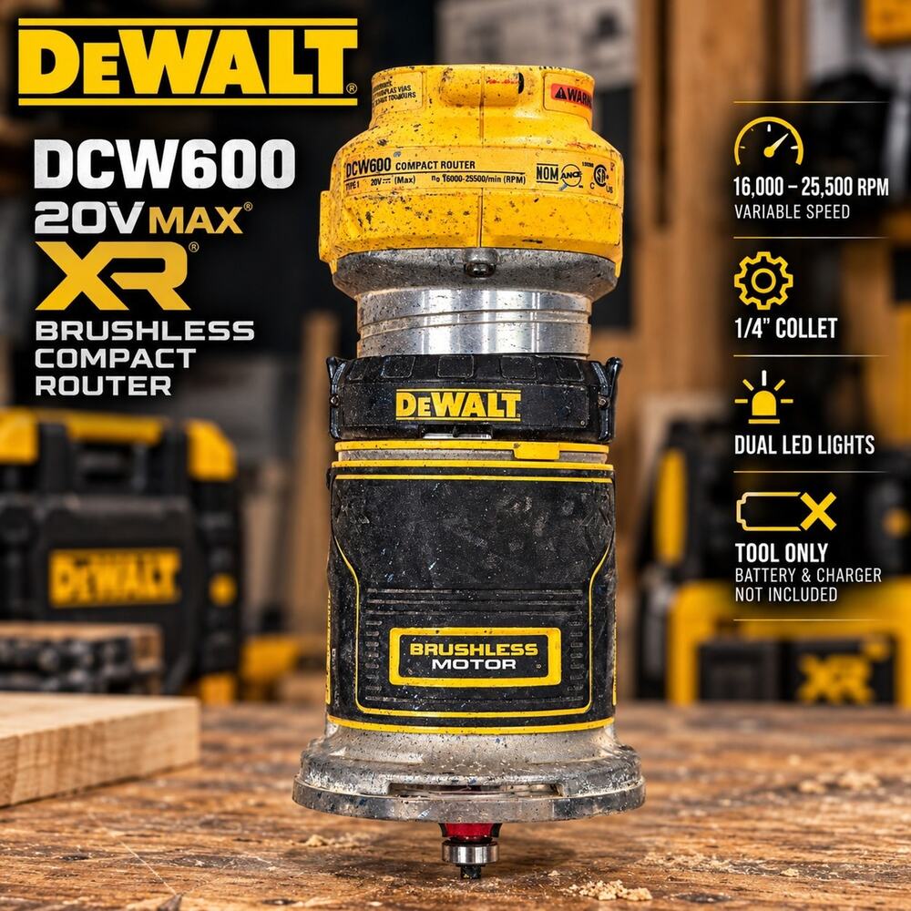 DEWALT DCW600 20V MAX XR Brushless Compact Router 1/4" Tool Only w/ Bit Wood Wor